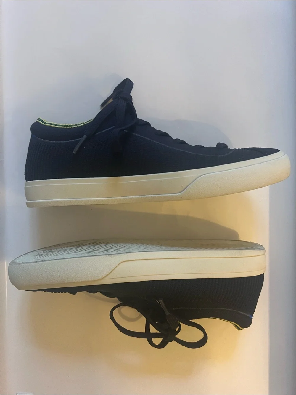 Rothy’s The Lace Up Knit Comfort Casual Sneaker in Navy& Lime Green Trim - Picture 6 of 12
